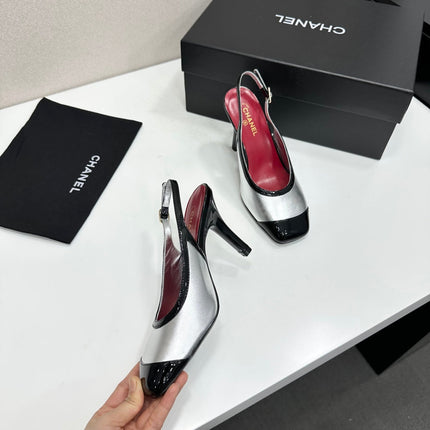 26S HIGH HEEL SLINGBACK IN SILVER LAMBSKIN AND BLACK PATENT CALFSKIN