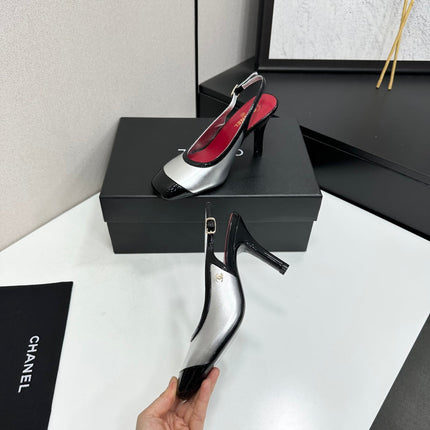 26S HIGH HEEL SLINGBACK IN SILVER LAMBSKIN AND BLACK PATENT CALFSKIN