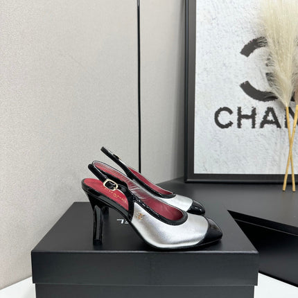 26S HIGH HEEL SLINGBACK IN SILVER LAMBSKIN AND BLACK PATENT CALFSKIN