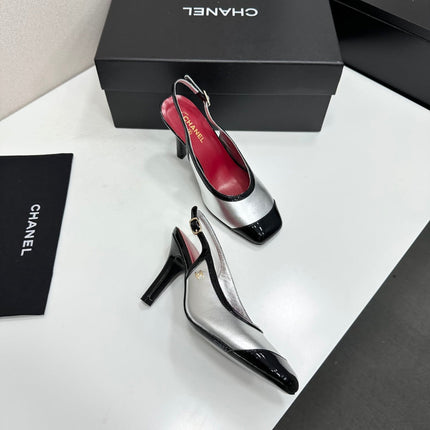 26S HIGH HEEL SLINGBACK IN SILVER LAMBSKIN AND BLACK PATENT CALFSKIN