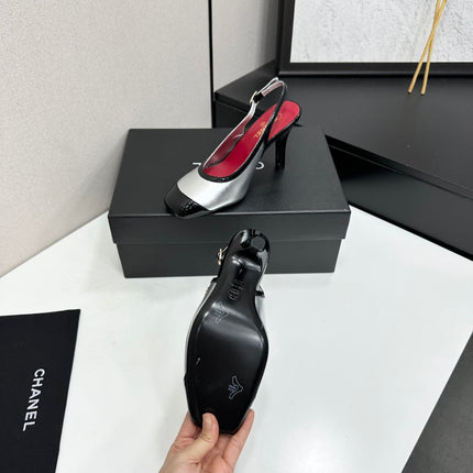 26S HIGH HEEL SLINGBACK IN SILVER LAMBSKIN AND BLACK PATENT CALFSKIN