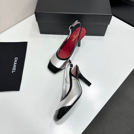 26S HIGH HEEL SLINGBACK IN SILVER LAMBSKIN AND BLACK PATENT CALFSKIN