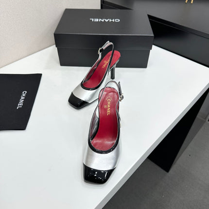 26S HIGH HEEL SLINGBACK IN SILVER LAMBSKIN AND BLACK PATENT CALFSKIN
