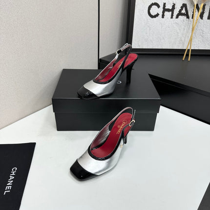 26S HIGH HEEL SLINGBACK IN SILVER LAMBSKIN AND BLACK PATENT CALFSKIN