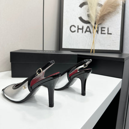 26S HIGH HEEL SLINGBACK IN SILVER LAMBSKIN AND BLACK PATENT CALFSKIN